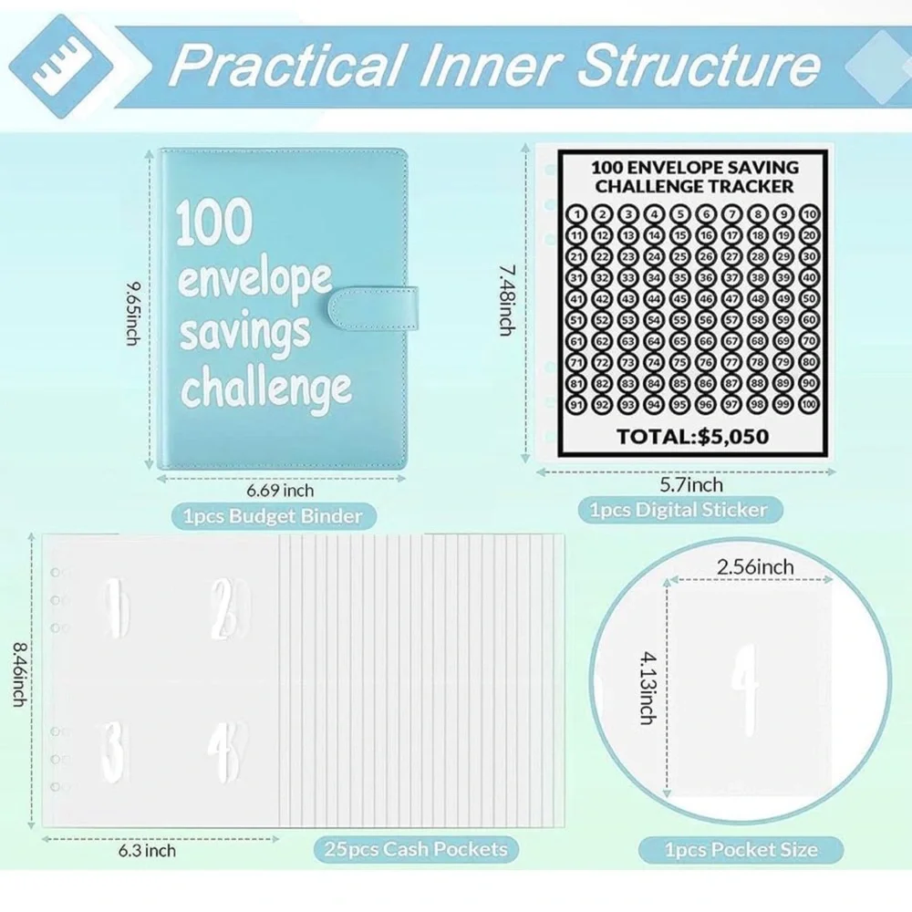 100 Envelope Money Savings Challenge Binder $5,500 (Blue)